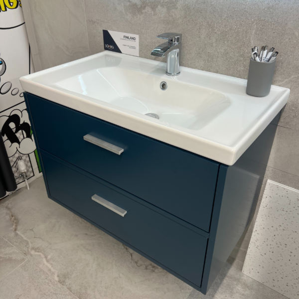 FINLAND Ocean Blue Matt 80cm Wall Hung Vanity Unit - Brushed Chrome Handle