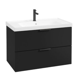 STOCKHOLM Wall Hung 80cm Two Drawer Vanity Unit Matt Black-Matt Black Handles