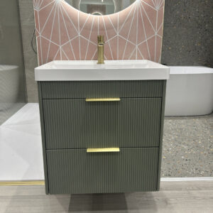 REED Wall Hung 60cm Two Drawer Vanity Unit Lakeside Sage & Basin- Brushed Gold Handles