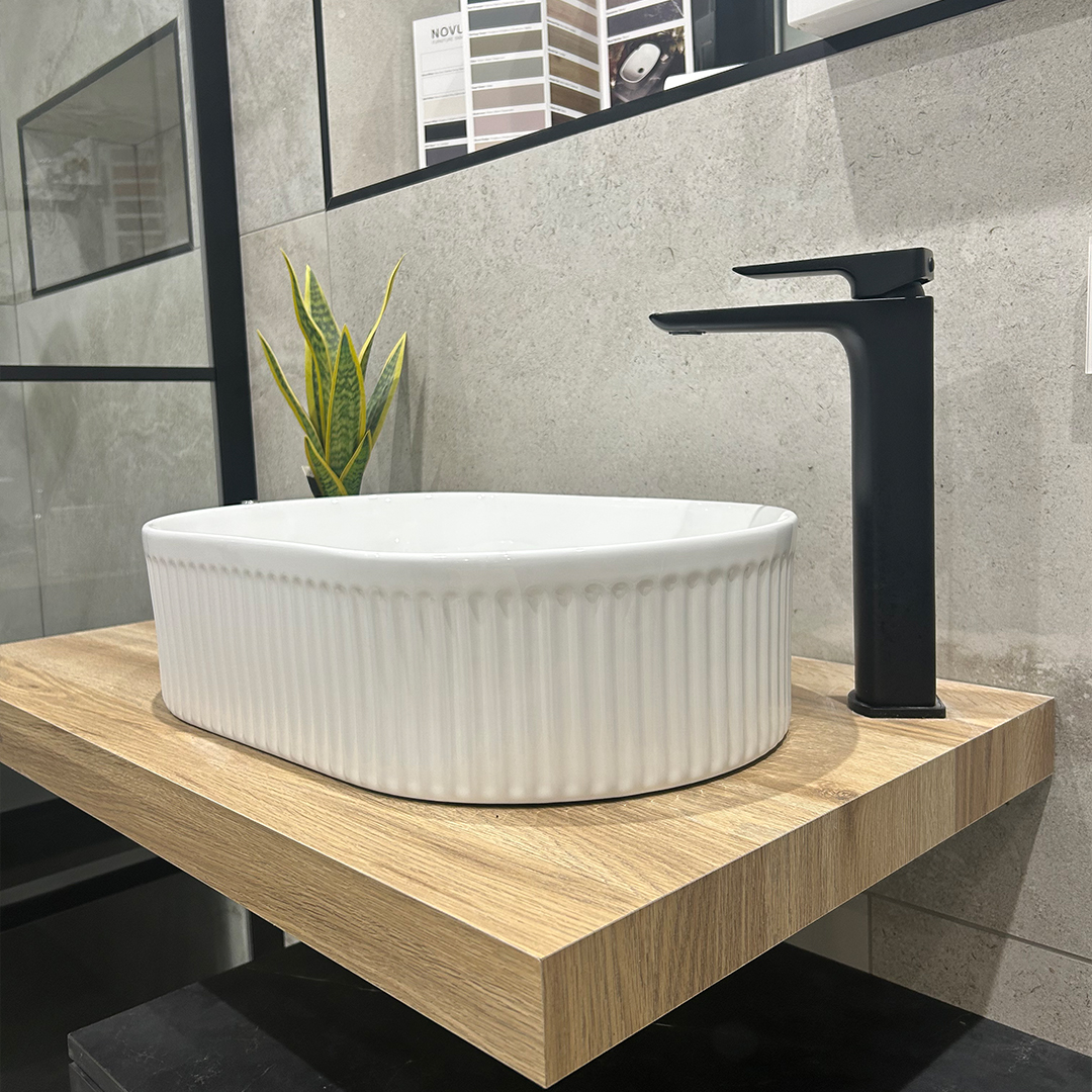 HiB Blend 800 Wall Hung Vanity Set – Black Marble & Sherwood Oak - Basin and tap is also included - Image 3