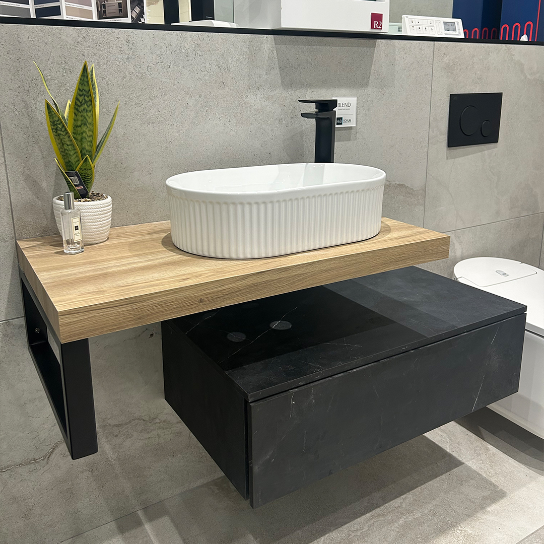 HiB Blend 800 Wall Hung Vanity Set – Black Marble & Sherwood Oak - Basin and tap is also included - Image 2