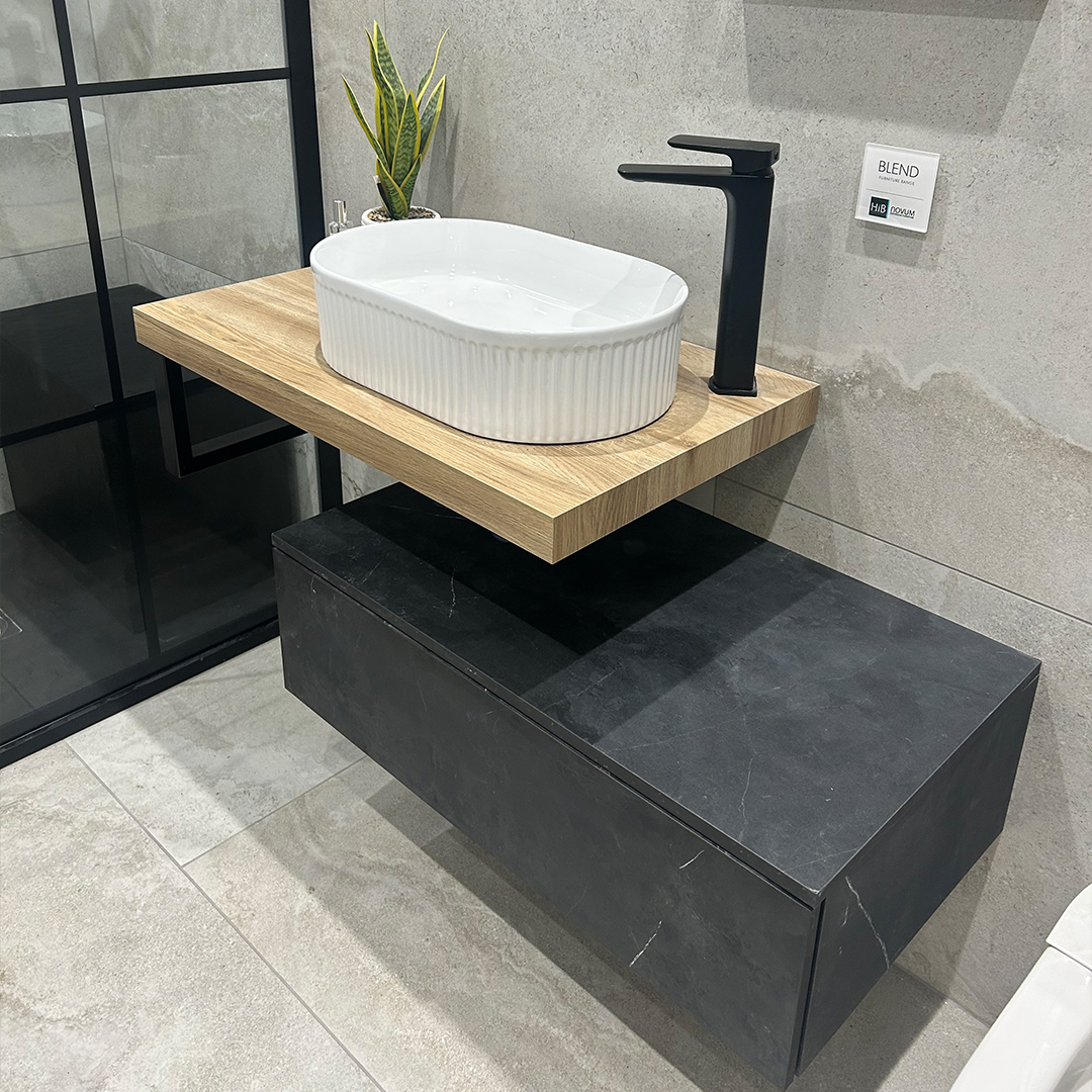 HiB Blend 800 Wall Hung Vanity Set – Black Marble & Sherwood Oak - Basin and tap is also included - Image 4