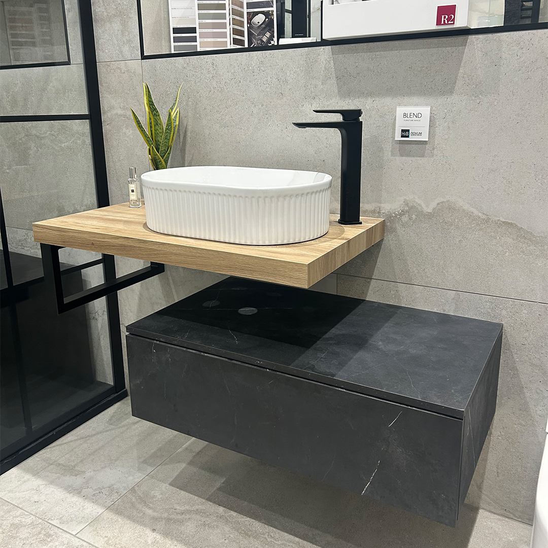 HiB Blend 800 Wall Hung Vanity Set – Black Marble & Sherwood Oak - Basin and tap is also included