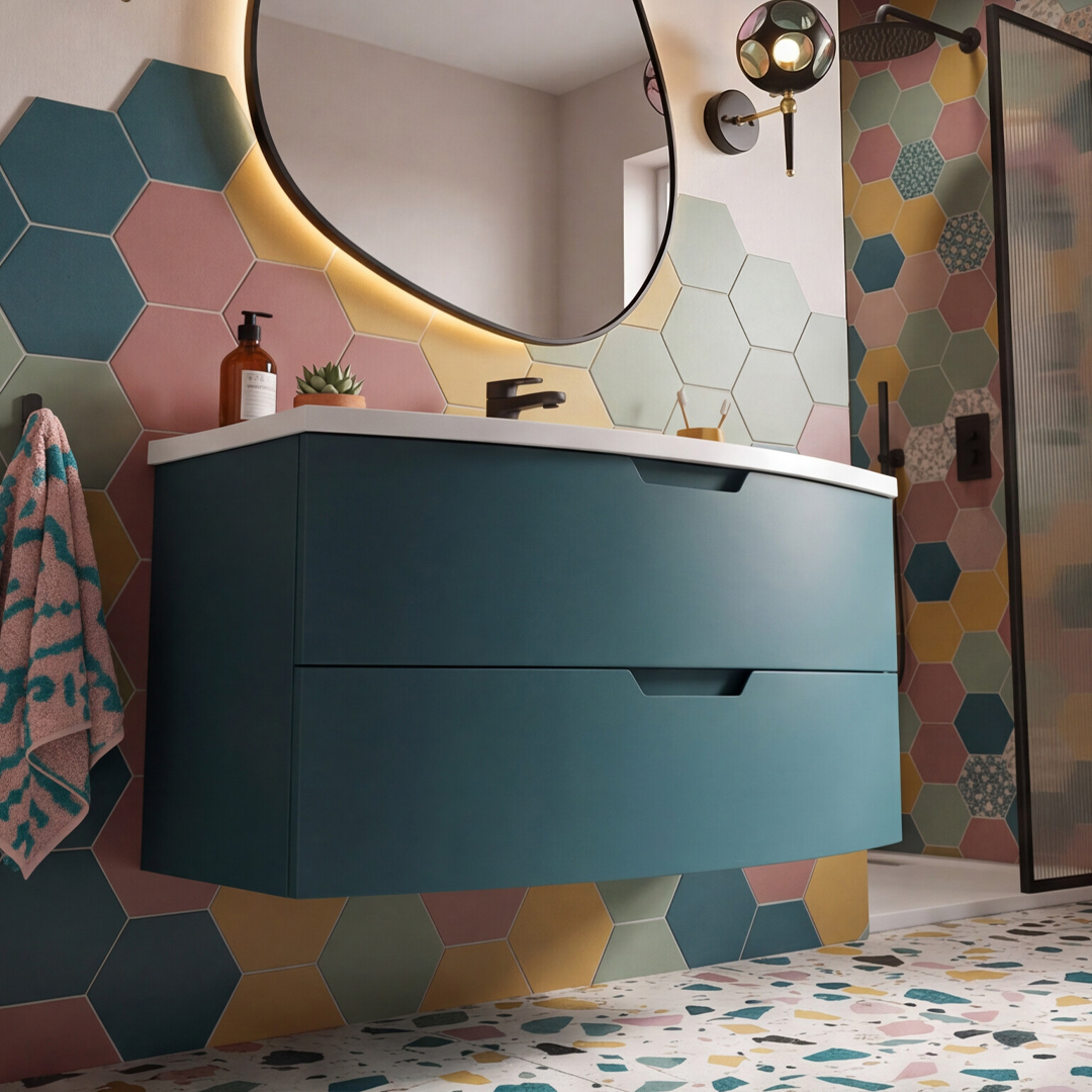 ARC Wall Hung 100cm Two Drawer Vanity Unit Matt Ocean Blue & Basin - Image 4