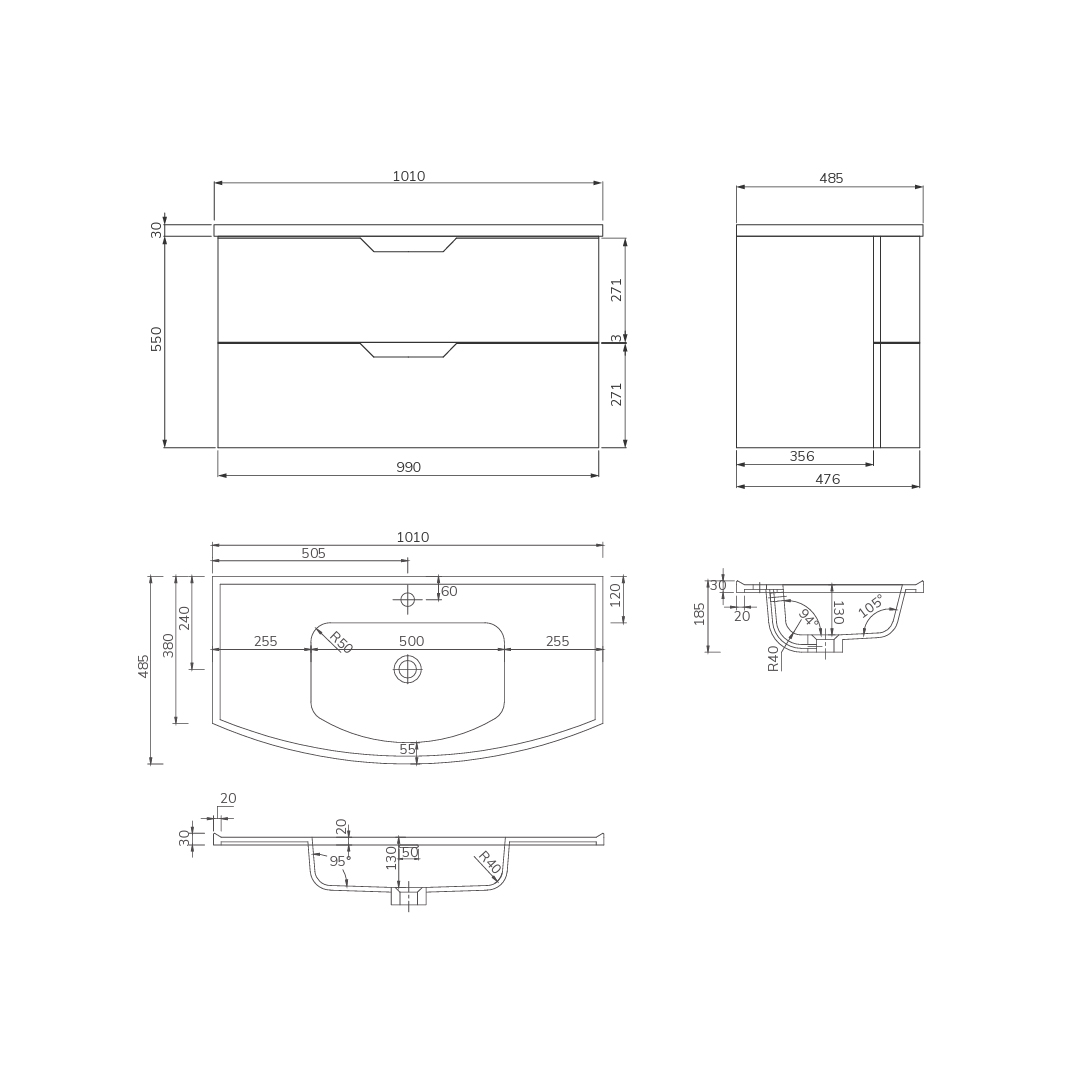 ARC Wall Hung 100cm Two Drawer Vanity Unit Matt Ocean Blue & Basin - Image 6