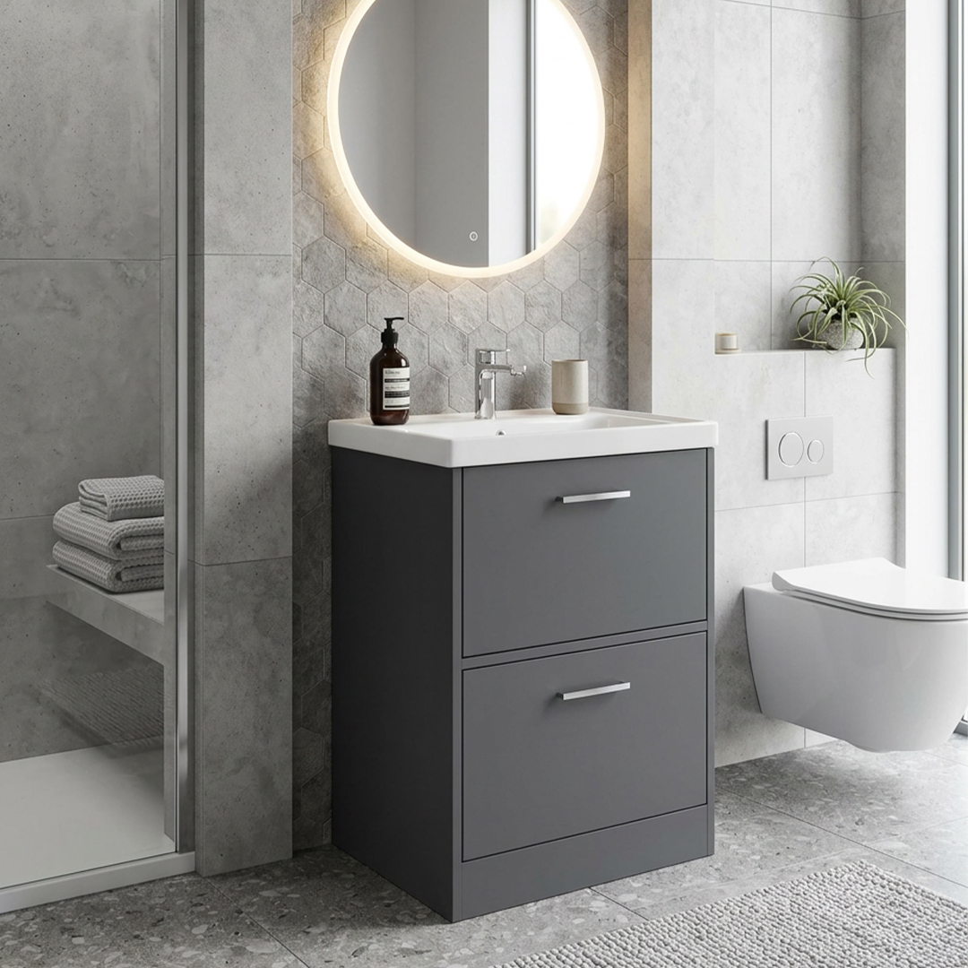 FINLAND Floorstanding 60cm Two Drawer Vanity Unit Matt Midnight Grey