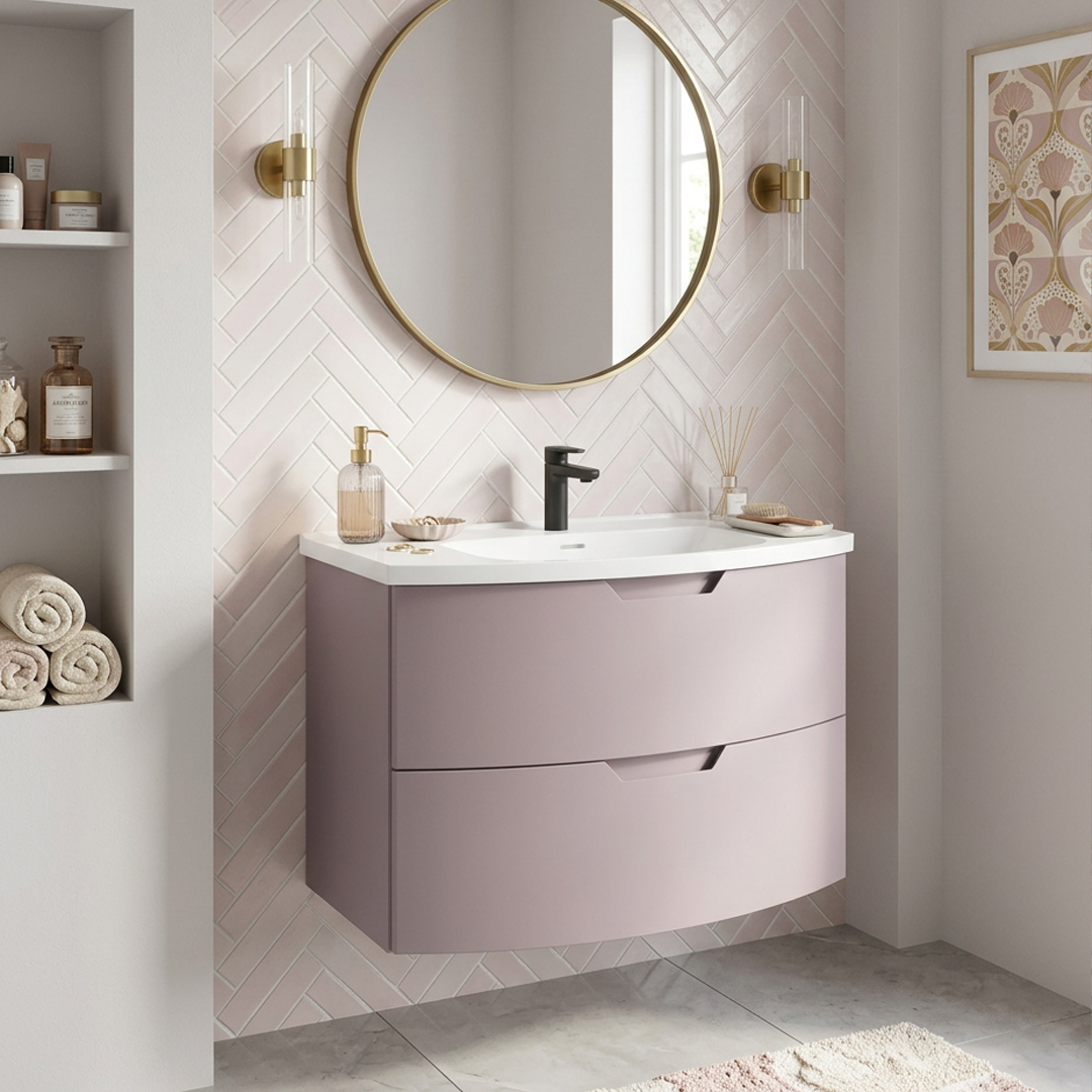 ARC Wall Hung 80cm Two Drawer Vanity Unit Matt Cashmere Pink & Basin